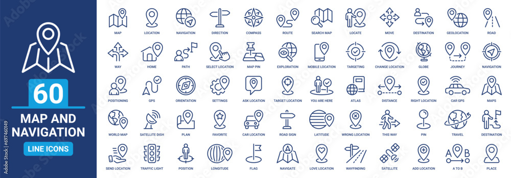 Map and navigation icon set. Containing location, navigation, direction ...