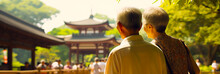 Elderly Asian Couple Sightseeing At Shrines And Temples