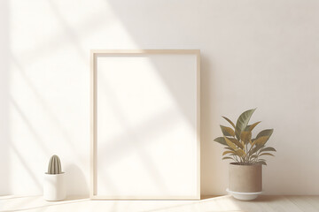 Wall Mural - A close-up view of a wooden frame mockup with sunlight, next to plants decoration, white background, muted color theme.