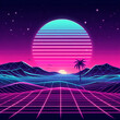 © Cobe - 80s retro futuristic sci-fi background. Retrowave VJ videogame landscape with neon lights and low poly terrain grid. Stylized vintage cyberpunk vaporwave 3D render with mountains, sun and stars. 4K