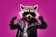 cartoon style picture of an anthropomorphic punk raccoon makes cool poses for the girls