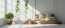 Books, Plant, And A Wooden Swing Occupy A White Room.