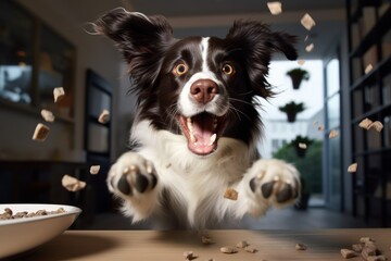 A happy border collie dog with scattered pellets of dry food.