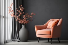The fashionable armchair in the living room is the trendy color Peach Fuzz, the walls are gray. Modern minimalistic interior.