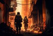 Soldiers patrol flaming post-apocalyptic city slums. Generative AI