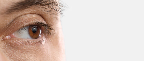 Man with brown eyes on light background, closeup. Banner for design