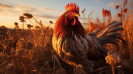 Wall Mural - Rooster in the meadow at sunset.