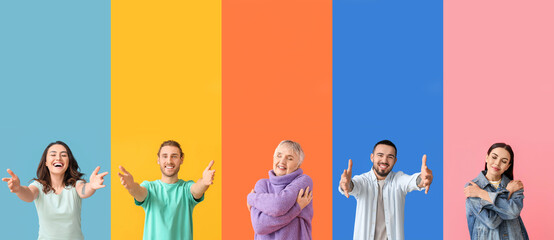 Sticker - Collage of people embracing themselves and with open arms on color background