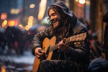 Photograph Of A Homeless Man Wearing A Hoodie Happily Plays Guitar On A Pedestrian Street Amidst Passersby While Snow Falls
