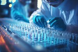 Fototapeta  - Doctor or technician lab in blue gloves uses pipette transfer samples DNA testing