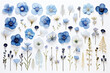A collection of various blue flowers and plants isolated on a white background, suitable for design purposes.