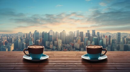 Wall Mural - Two Cups of Coffee Background of City Skyline