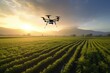 Drone flying over the agricultural field at sunset. 3d rendering, Drone analyzing farmers' fields during sunrise, AI Generated