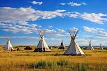 Teepee In The Prairie Of Yellowstone National Park, Wyoming, First Nations Tipis On The Open Prairies Of North America, AI Generated
