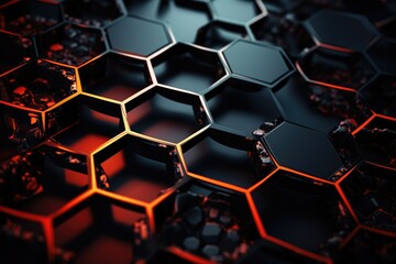 Poster - Abstract black and orange hexagon background. 3d render illustration, Futuristic, High Tech, Black background, with a hexagonal cellular structure, AI Generated