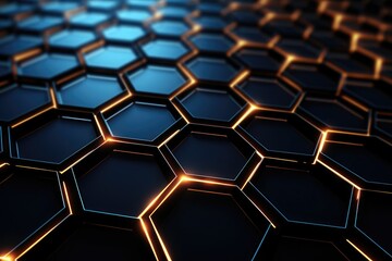 Poster - 3d rendering of abstract background with hexagons in black and orange, Futuristic, High Tech, Black background, with a hexagonal cellular structure, AI Generated