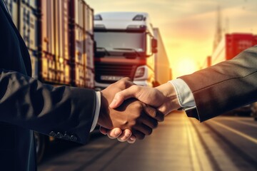 Businessmen shaking hands on cargo shipping background, freight transportation concept, Double exposure of a businessman's handshake with a cargo truck on the road and an import, AI Generated