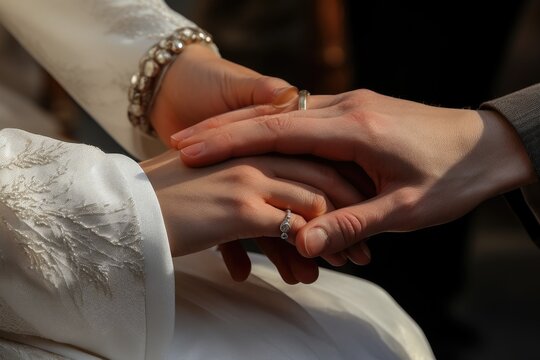 bride and groom holding hands on wedding day, close-up, Giving of the wedding ring, a close-up of the hand, AI Generated