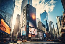 S Square, Featured With Broadway Theaters And Huge Number Of LED Signs, Is A Symbol Of New York City And The United States, Famous Times Square Landmark In New York Downtown With Mock, AI Generated