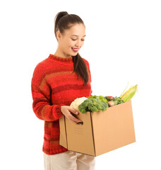 Sticker - Young Asian woman with shopping box full of fresh food isolated on white background