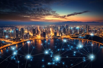 Poster - Smart city and wireless communication network over the city at night. Global network connection concept, Global network connection and the internet of things IoT concept, AI Generated