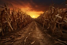 Dry Corn Field In Sunset, 3d Rendering. Computer Digital Drawing, Drought In A Cornfield, AI Generated