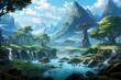 Fantasy landscape with a waterfall, trees and mountains in the background, Fantasy Landscape Game Art, AI Generated