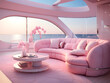 Pink interior design of modern cruise ship yacht with living room with pink sofa and sea view