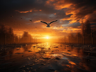 Poster - seagulls on the beach at sunset