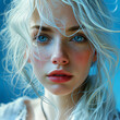 face portrait of a pretty woman with big blue eyes big lips and blond hair in a European type of face with a depth-of-field effect 