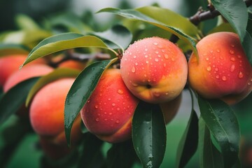 Poster - Generative AI : Ripe peach close-up with peach orchard in the background.
