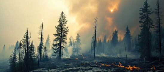 Wall Mural - Charred trees and heavy smoke from forest fires.