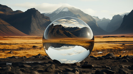 Poster - A huge crystal glass ball on a lake between mountains, with the scenery reflected in the ball