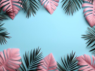 Fototapete - Generative AI : Top view of tropical leaves and leaf shadows on pink and blue pastel color background.
