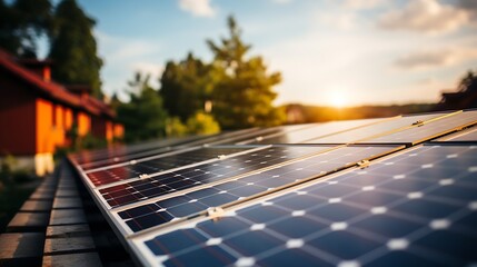Poster - Generative AI : Solar panels on the roof of the house and blue sky
