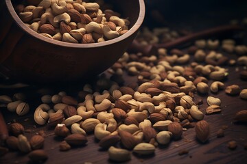 Poster - Generative AI : Flying dried fruits and nuts. The mix of nuts and raisins