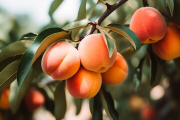 Poster - Generative AI : Ripe peach close-up with peach orchard in the background.