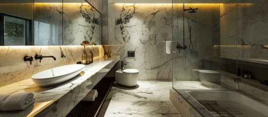 Wall Mural - Contemporary marble bathroom with vessel sink, backlit mirror, glass shower, stone wall and floor.