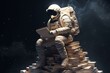 3D rendering of astronaut sitting on pile of books. Generative AI
