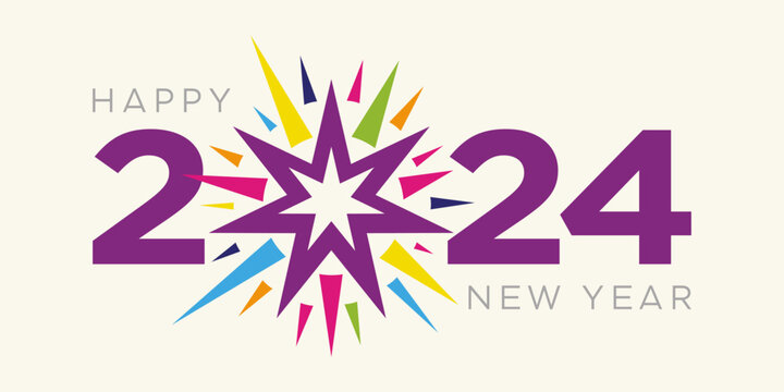 2024 vector, logo design, Happy New Year text, 
background, exploding fireworks illustration, clipart, 
Holiday hand lettering typography for banner, printable, greeting card, poster, social media