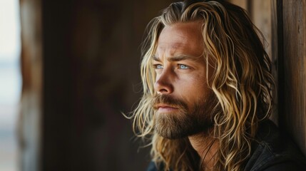 Wall Mural - Portrait of handsome blonde long haired man indoors