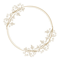Vector round gold floral frame with ivy leaves decoration. Luxury wreath template for invitations and greeting cards.