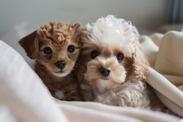  Cute tiny Toy Poodle puppy hugs happy tabby kitten under white warm blanket on a bed at home. Top down view. Generative AI