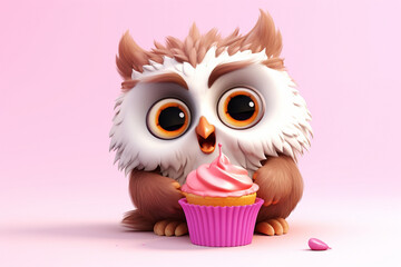 Wall Mural - cute 3d owl character and a cake on white background
