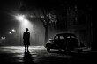 Retro car on a foggy street at night. Silhouette of a man in a raincoat and hat standing near an old car, 1940's film noir detective scene, AI Generated