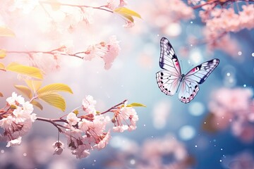 Poster - Beautiful cherry blossom and butterfly. Spring background. Soft focus, AI Generated