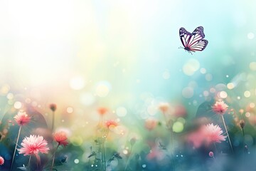 Poster - Flower background with butterfly and bokeh lights. Floral design, AI Generated