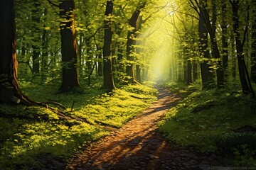 Sticker - Sunlight in the green forest. 3D rendering. Nature background, AI Generated