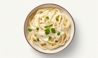 Wall Mural - Savory Delight, Isolated Bowl of Fettuccine Alfredo on a Clean White Background.