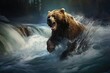Grizzly bear in the river. Dangerous animal in nature, A brown bear catching salmon in a rushing river, AI Generated